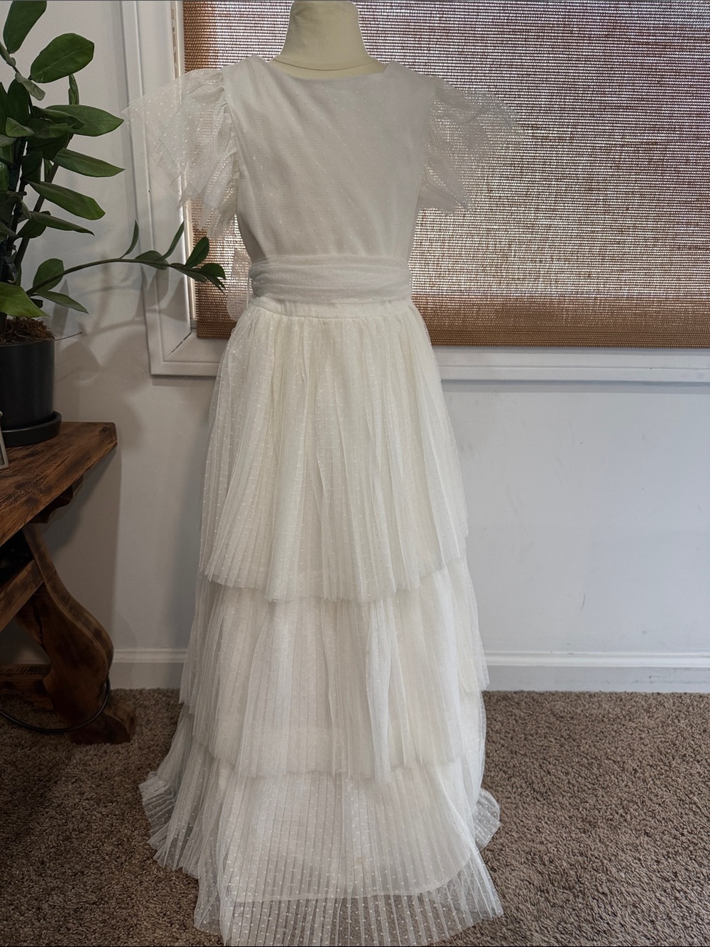 Girls MNG Ivory Tulle Tiered Dress with Ruffle Sleeves